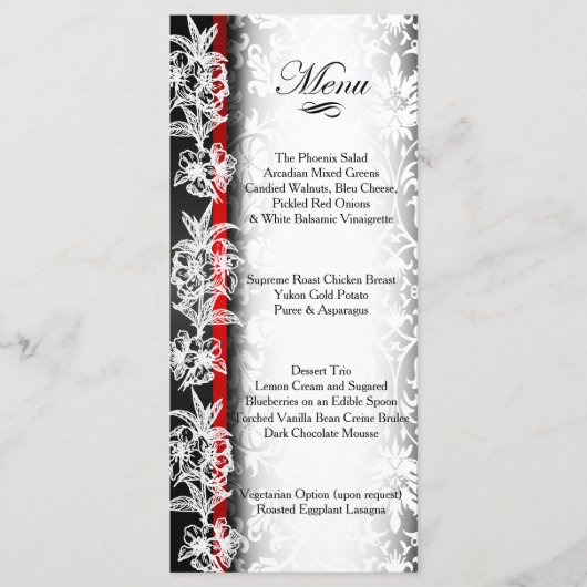 Modern Wedding Damask in White, Black and Red Menu (Voorkant)