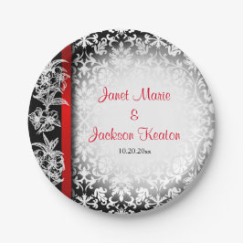 Modern Wedding Damask in White, Black and Red Papieren Bordje