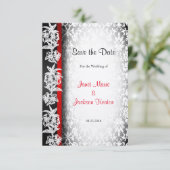Modern Wedding Damask in White, Black and Red Save The Date (Staand voorkant)
