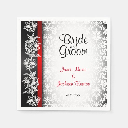 Modern Wedding Damask in White, Black and Red Servet (Voorkant)