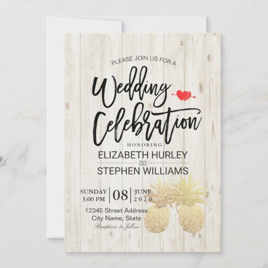 Modern Wedding Golden Pineapple Couple Rustic Wood Kaart (Voorkant)