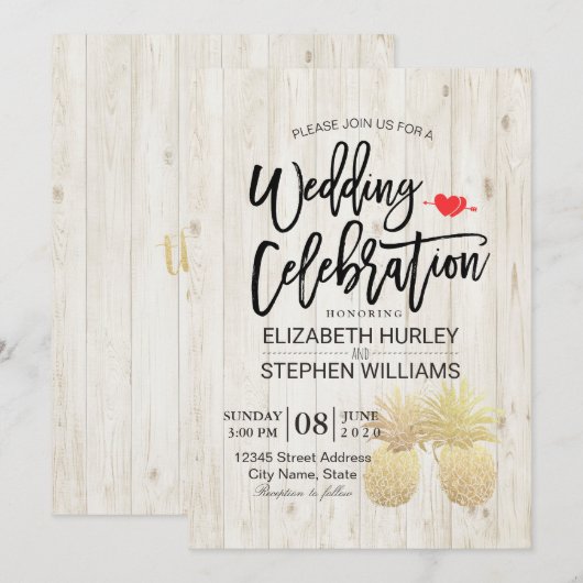 Modern Wedding Golden Pineapple Couple Rustic Wood Kaart (Voorkant / Achterkant)