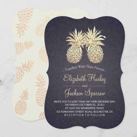 Modern Wedding Golden Pineapples Couple Navy Blue Kaart (Voorkant / Achterkant)