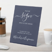 Modern Wedding Guest Book Navy Blue Reclamebord Met Voetstuk (Insitu)