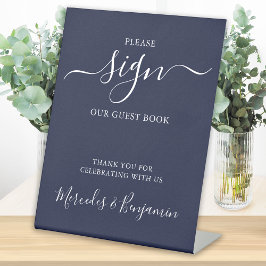 Modern Wedding Guest Book Navy Blue Reclamebord Met Voetstuk