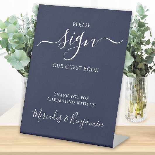 Modern Wedding Guest Book Navy Blue Reclamebord Met Voetstuk