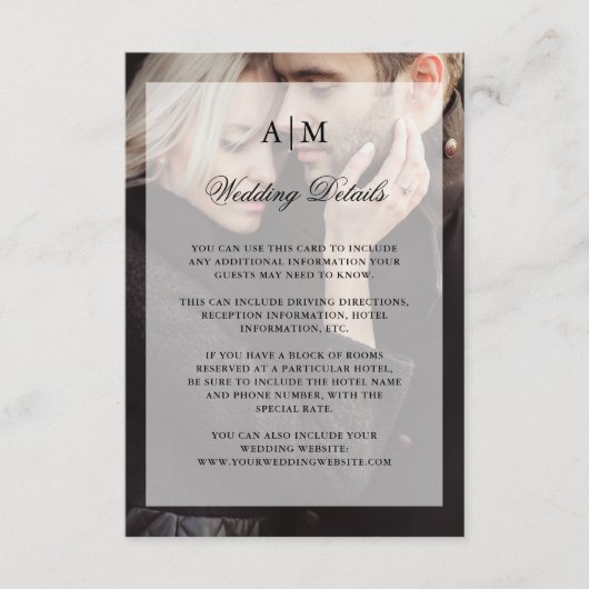 Modern Wedding Guest Details | Foto met overlay Informatiekaartje (Voorkant)