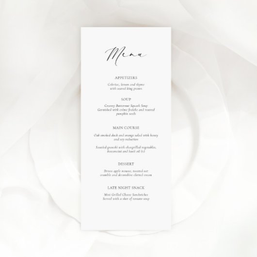 Modern wedding menu card with guest name