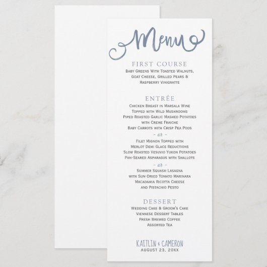 Modern Wedding Menus | Typografie (Dusty Blue) Menu (Voorkant / Achterkant)