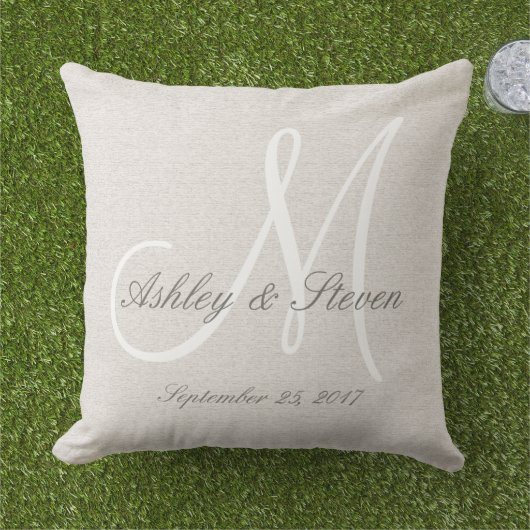 Modern Wedding Monogram Rustic Linen Kijk Buitenkussen (Gras)