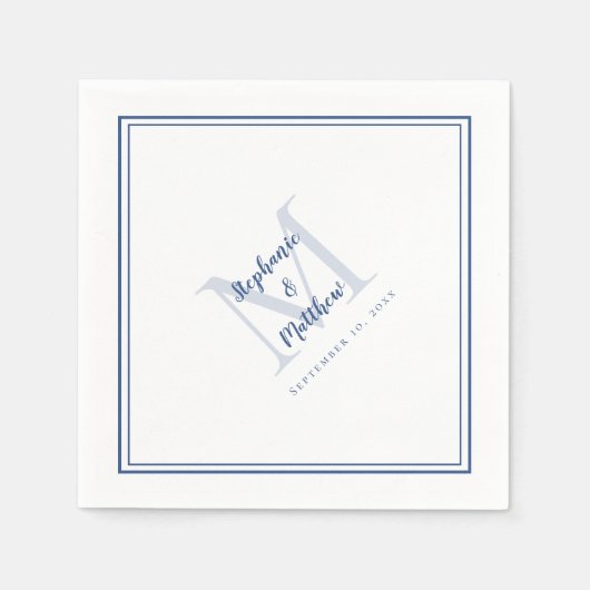 Modern Wedding Names & Date Monogrammed Blue Servet (Voorkant)