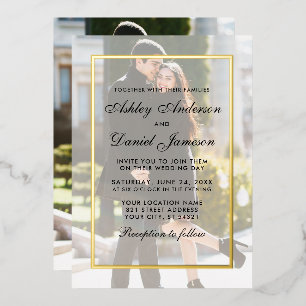 Modern Wedding Overlay Front Back Foto's Gold Folie Uitnodiging