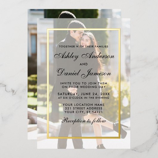 Modern Wedding Overlay Front Back Foto's Gold Folie Uitnodiging (Voorkant / Achterkant)
