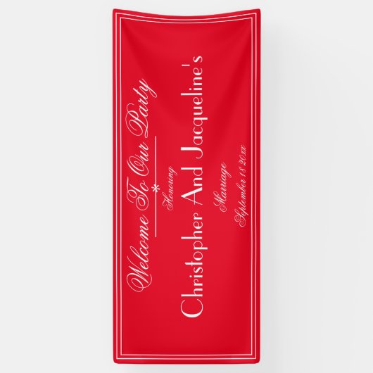 Modern Wedding Party Script Romantisch Rood Welkom Spandoek (Verticaal)