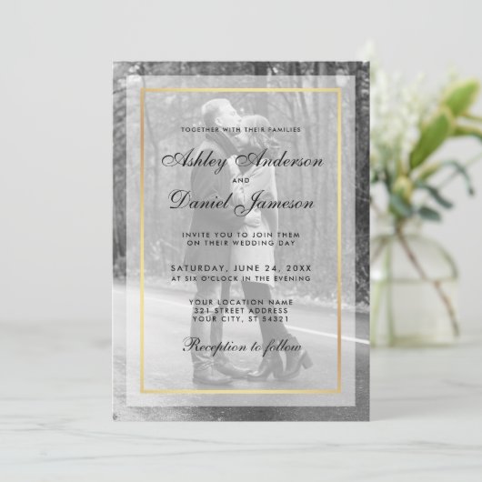 Modern Wedding Photo Invitation G - Overlay B&W Kaart (Staand voorkant)