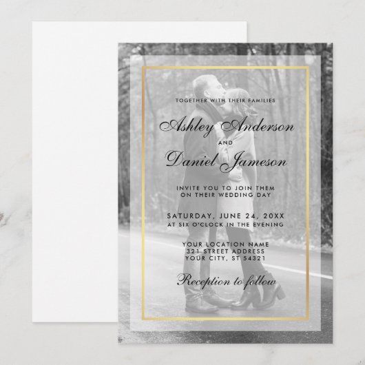 Modern Wedding Photo Invitation G - Overlay B&W Kaart (Voorkant / Achterkant)