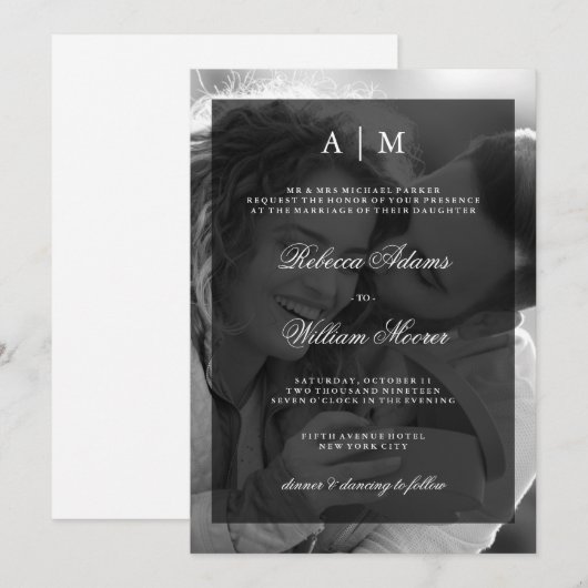 Modern Wedding Photo Uitnodiging | Zwarte overlay (Voorkant / Achterkant)