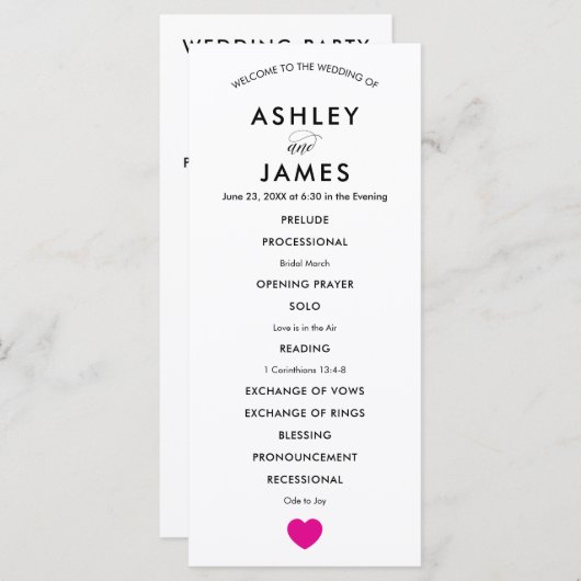 Modern Wedding Programme for Ceremony Fuchsia Hear Programmakaart (Voorkant / Achterkant)