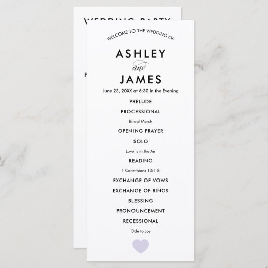 Modern Wedding Programme for Ceremony Lavender Hea Programmakaart (Voorkant / Achterkant)