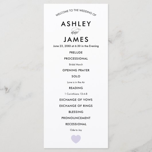 Modern Wedding Programme for Ceremony Lavender Hea Programmakaart (Voorkant)
