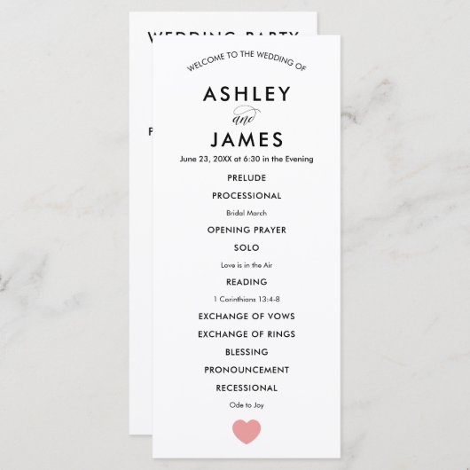 Modern Wedding Programme for Ceremony, Pink Heart Programmakaart (Voorkant / Achterkant)