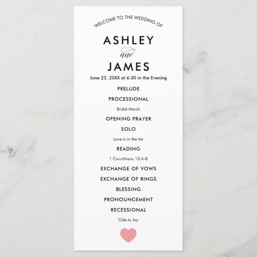 Modern Wedding Programme for Ceremony, Pink Heart Programmakaart (Voorkant)