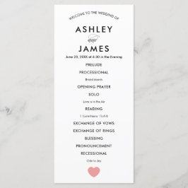 Modern Wedding Programme for Ceremony, Pink Heart Programmakaart
