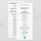 Modern Wedding Programme met Turquoise Heart Programmakaart (Voorkant / Achterkant)