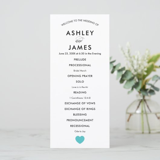 Modern Wedding Programme met Turquoise Heart Programmakaart (Staand voorkant)