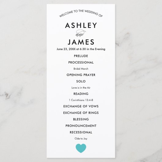 Modern Wedding Programme met Turquoise Heart Programmakaart (Voorkant)