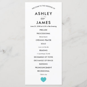 Modern Wedding Programme met Turquoise Heart Programmakaart