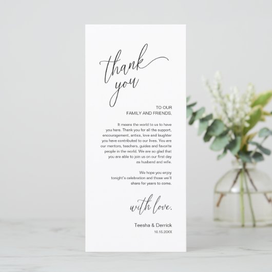 Modern Wedding Reception Dinner Thank You Card Programmakaart (Staand voorkant)