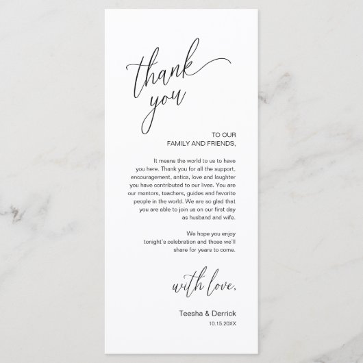 Modern Wedding Reception Dinner Thank You Card Programmakaart (Voorkant)