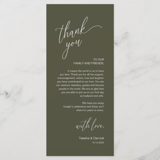 Modern Wedding Reception Dinner Thank You Card Programmakaart (Voorkant)