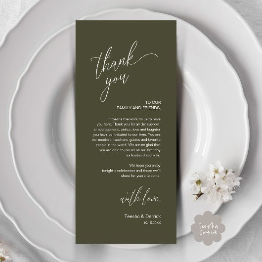 Modern Wedding Reception Dinner Thank You Card Programmakaart