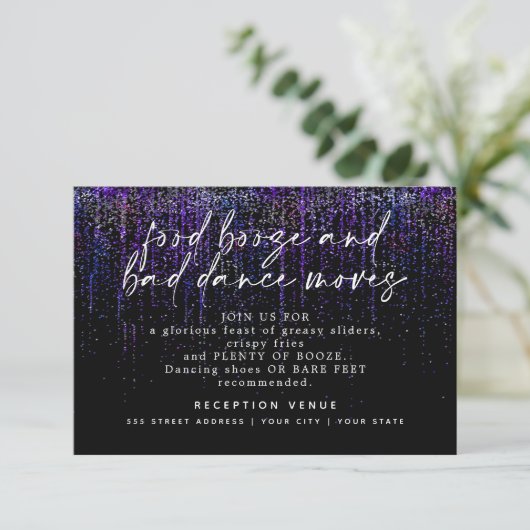 Modern Wedding Reception Edgy Paarse Glitter Kaart (Staand voorkant)