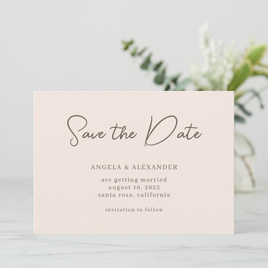 Modern Wedding Script Beige Brown Save The Date (Staand voorkant)