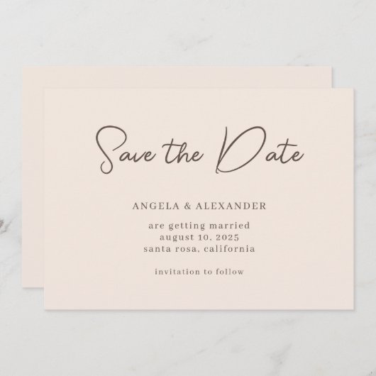 Modern Wedding Script Beige Brown Save The Date (Voorkant / Achterkant)