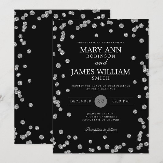 Modern Wedding Silver Glitter Confetti Black Kaart (Voorkant / Achterkant)