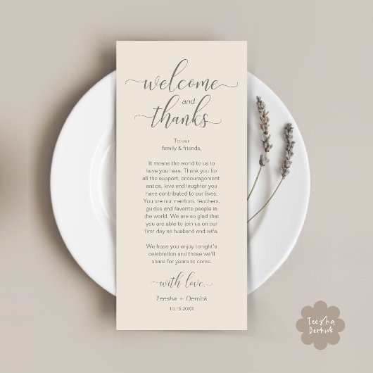 Modern Wedding Table Place Setting Thank You Card Programmakaart