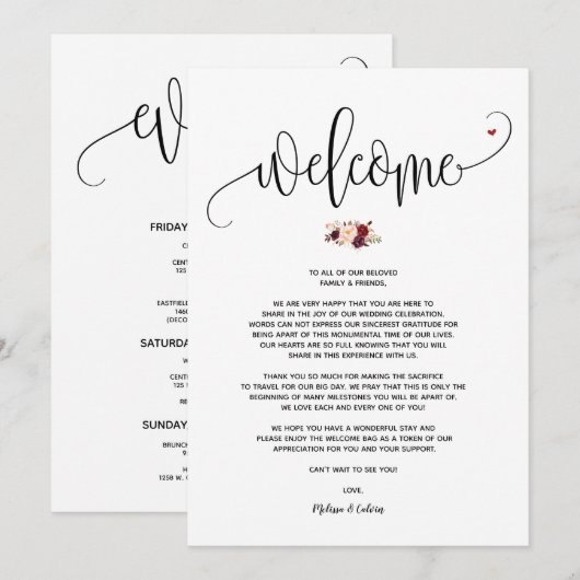 Modern Wedding Welcome and Itinerary Card v23 Kaart (Voorkant / Achterkant)
