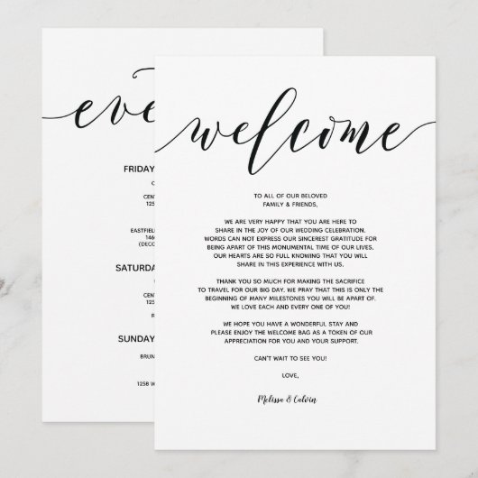 Modern Wedding Welcome and Itinerary Card v5 Kaart (Voorkant / Achterkant)