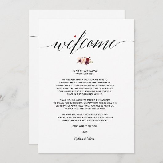 Modern Wedding Welcome Nand Itinerary Card Kaart (Voorkant / Achterkant)