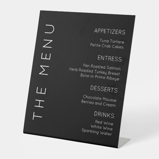 Modern WeddingMenu Sign., Black and White Menu Sig Reclamebord Met Voetstuk (Voorkant)