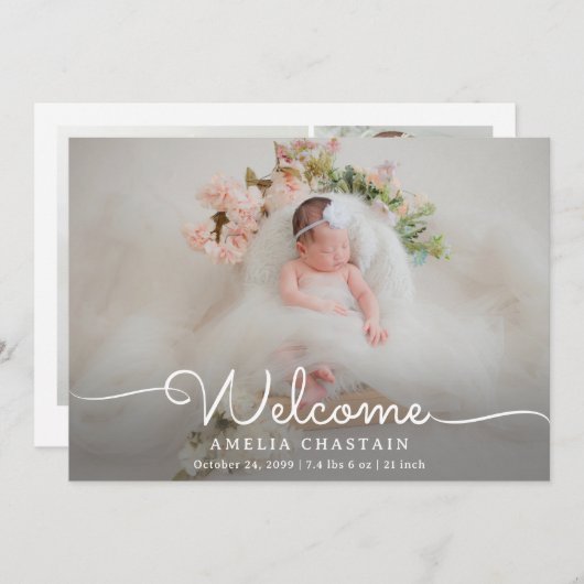 Modern Welcome Calligraphy 4 Photo Baby Birth Aankondiging (Voorkant / Achterkant)