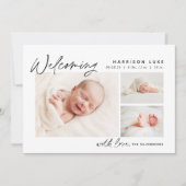 Modern Welcome Drie Foto Birth Aankondiging (Voorkant)