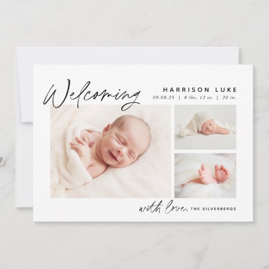 Modern Welcome Drie Foto Birth Aankondiging (Voorkant)