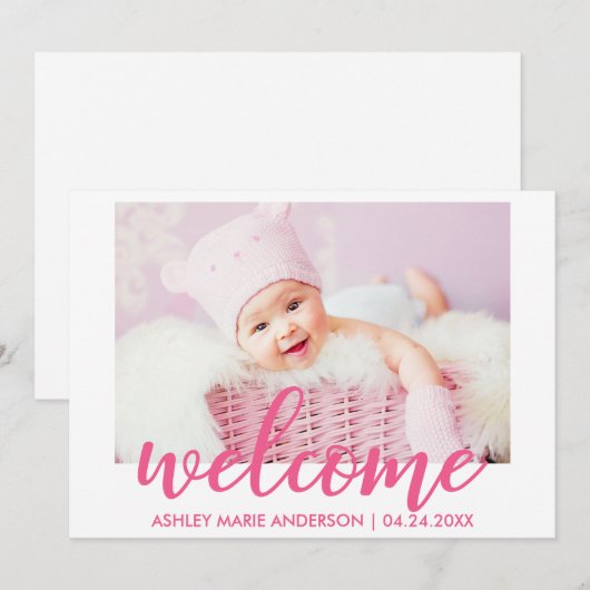Modern Welkom, nieuw, warm roze baby Aankondiging (Voorkant / Achterkant)