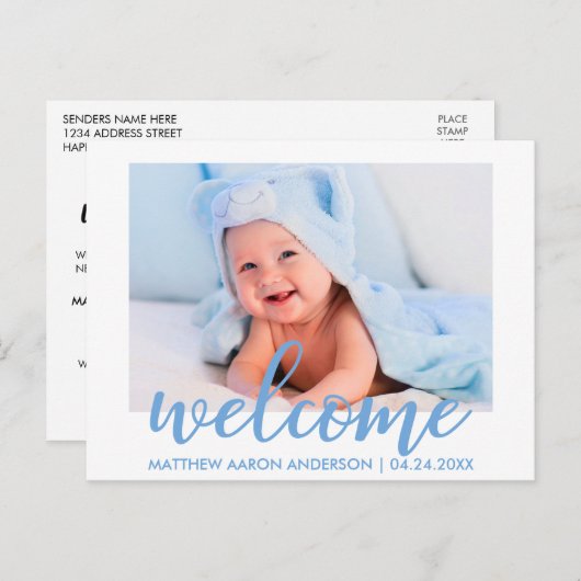 Modern Welkom Nieuwe Baby Boy Aankondiging Blauw (Voorkant / Achterkant)