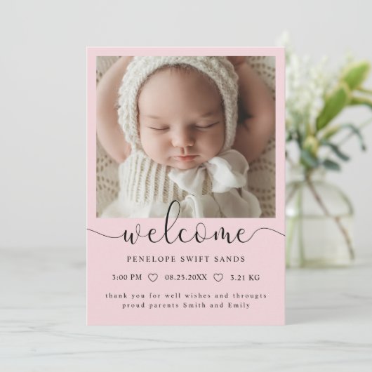 Modern welkomstscript 4 foto geboorte aankondiging (Staand voorkant)